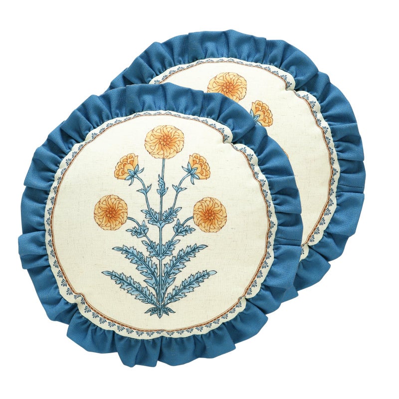 ISAENNE Design Round Simple Elegant Linen Throw Pillow Covers Diameter 16" Pack of 2, Blue Yellow Floral Pattern Cushion Covers Decor Pillowcases for Bed,Living Room,Outdoor,Car - Image 1