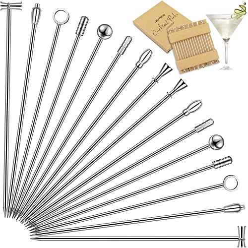 DEMIGO Cocktail Picks 16pcs, 8 New Styles Stainless Steel Reusable Olive Stuffers Martini Pick set Fruit Toothpick Garnish Skewers Appetizer Drink Stick for Bar party, Barbeque Snack, Club sandwiches - Image 1