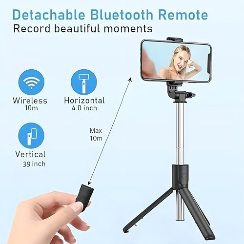 Dekoq Extendable Selfie Stick with Detachable Bluetooth Wireless Remote Phone Holder Compatible with All Smartphones Bluetooth Selfie Stick, 3 in 1 Multifunctional Selfie Stick Tripod Stand (Black) - Image 3