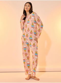Take Two All Over Ice Cream Print Long Sleeves T-Shirt & Pyjama Set  - Image 1