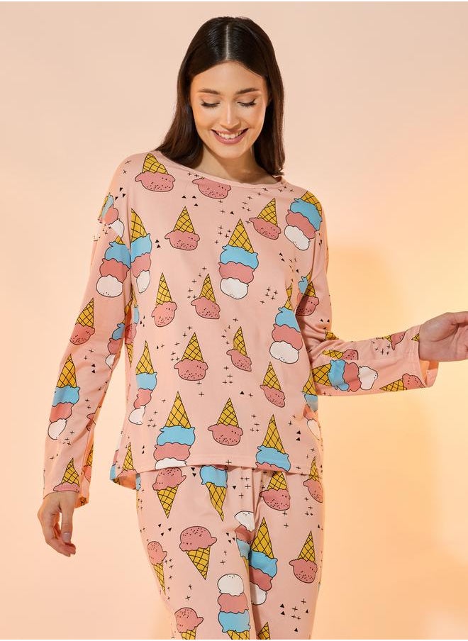 Take Two All Over Ice Cream Print Long Sleeves T-Shirt & Pyjama Set  - Image 2