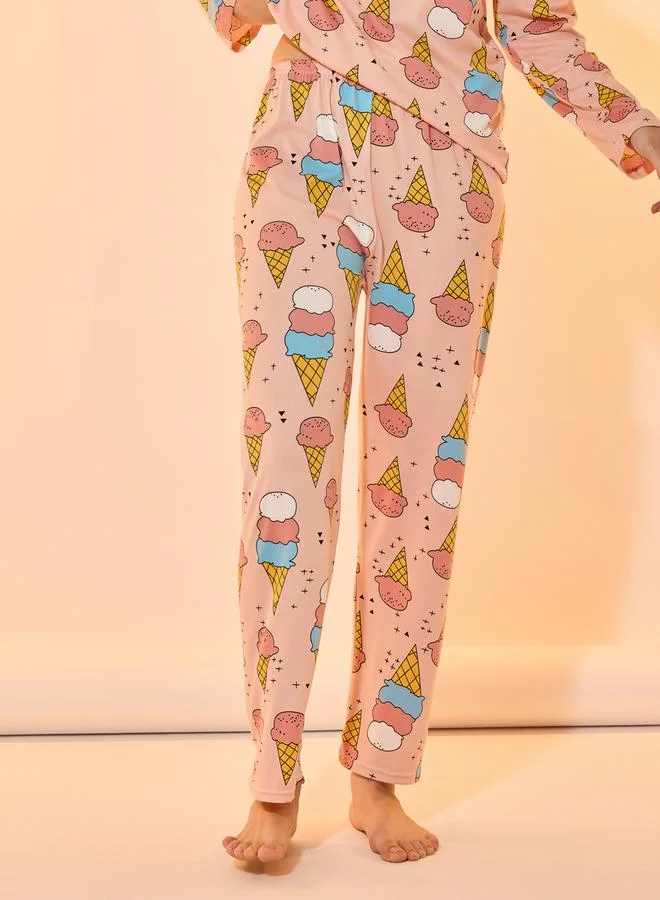 Take Two All Over Ice Cream Print Long Sleeves T-Shirt & Pyjama Set
