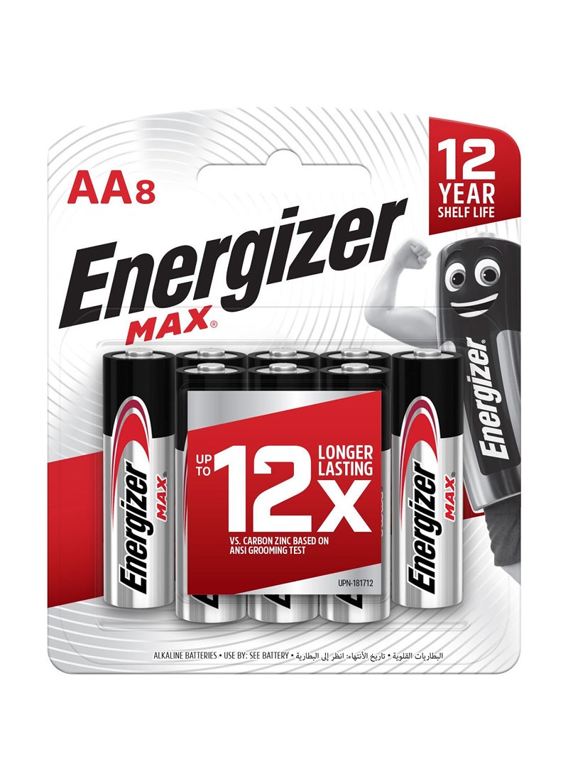 Energizer Max Alkaline AA Batteries – Pack of 8 Silver/Black - Image 1