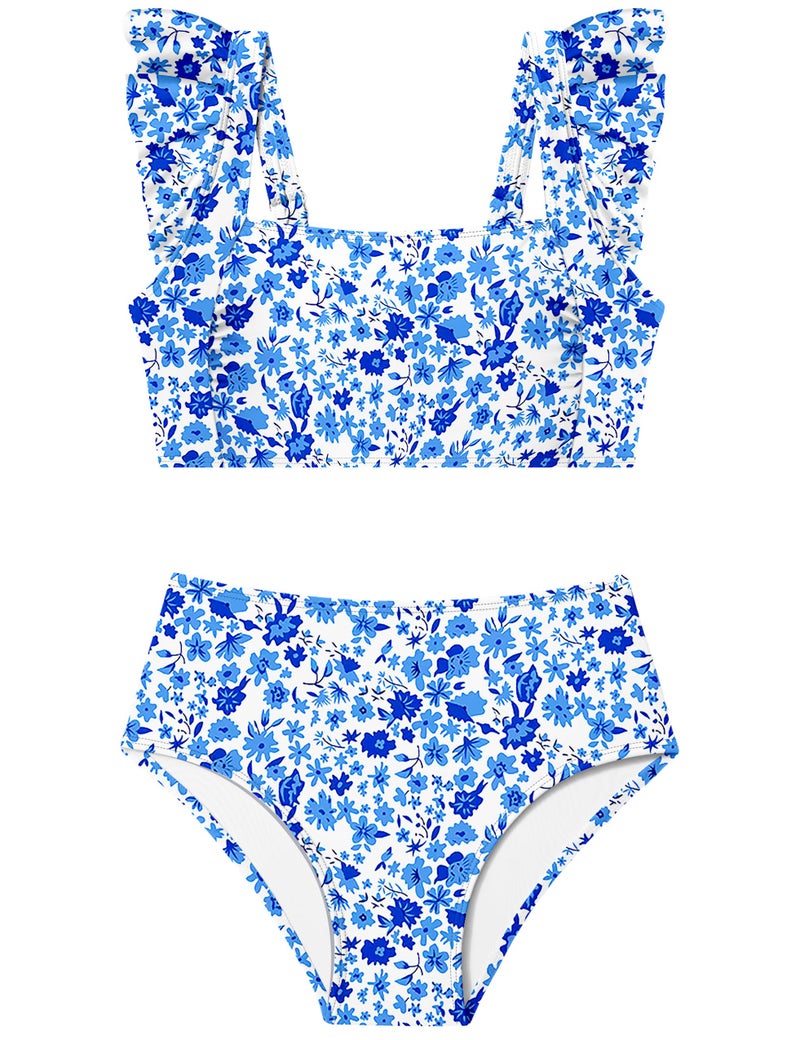ZAANTI Bathing Suits for Teens Square Neck Design Ruched Ruffle Trim Breathable Chest Pad Swimsuits for Girls 12-14 Adjustable Shoulder Straps Girls' Two-Piece Swimwear Blue Floral Print - Image 1