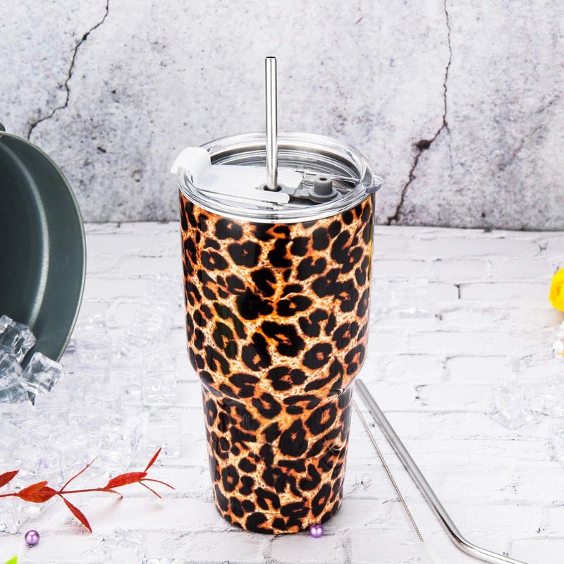 DS 30oz Leopard Tumbler Stainless Steel Insulated Travel Mug with Straw Lid Cleaning Brush (30 oz Leopard), 1 Count (Pack of 1) - Image 2