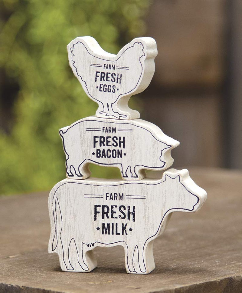 Hearthside Farmhouse Animal Wood Shelf Sitter Stack - Set of 3 - Cow Pig Chicken - Fresh Milk Fresh Bacon Fresh Eggs - Country Distressed Decor