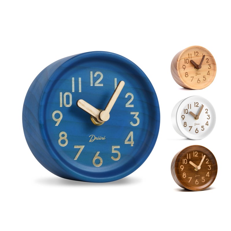 Driini Wooden Analog Desktop Clock  43 in Decorative Pinewood NoTick Design  Easy to Read Silent Sweep Mantle Clock  Quiet Tabletop Clocks with Wood Body Hands  Battery Cover Blue