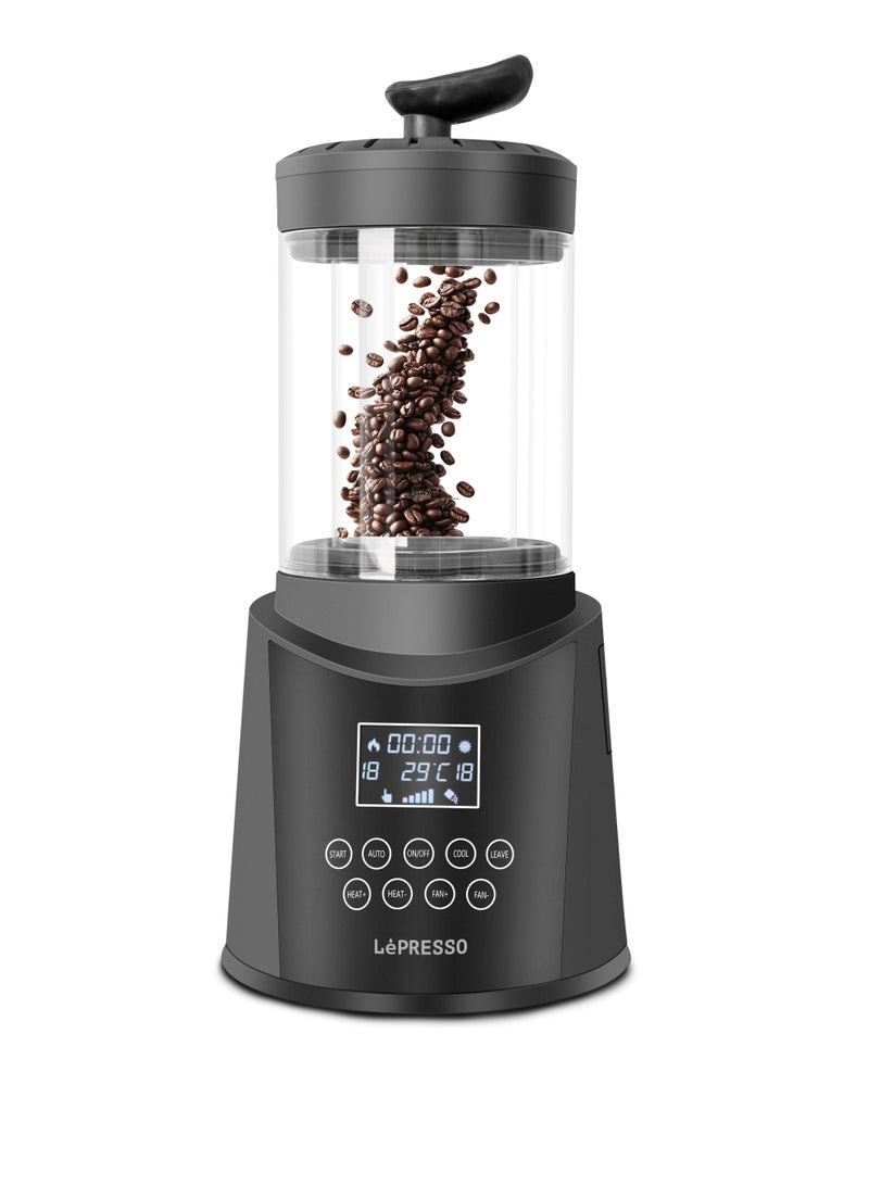 محمصة حبوب قهوة بوظيفة يدوية وتلقائية، سعة 300 غرام، تدفق هواء قابل للتعديل، تحكم في الحرارة والوقت، 5 برامج تحميص - أسود