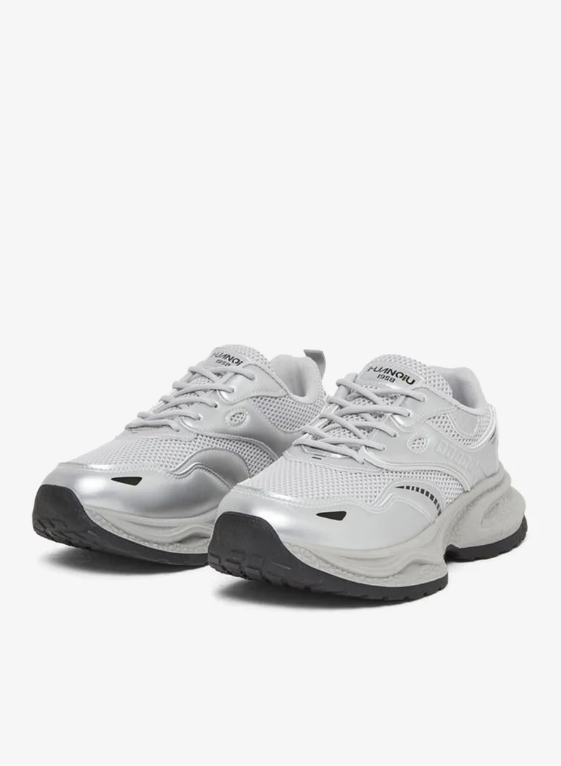 Styli Active Grey Metallic Detail Lace Up Sneakers for Women | Best Price UAE