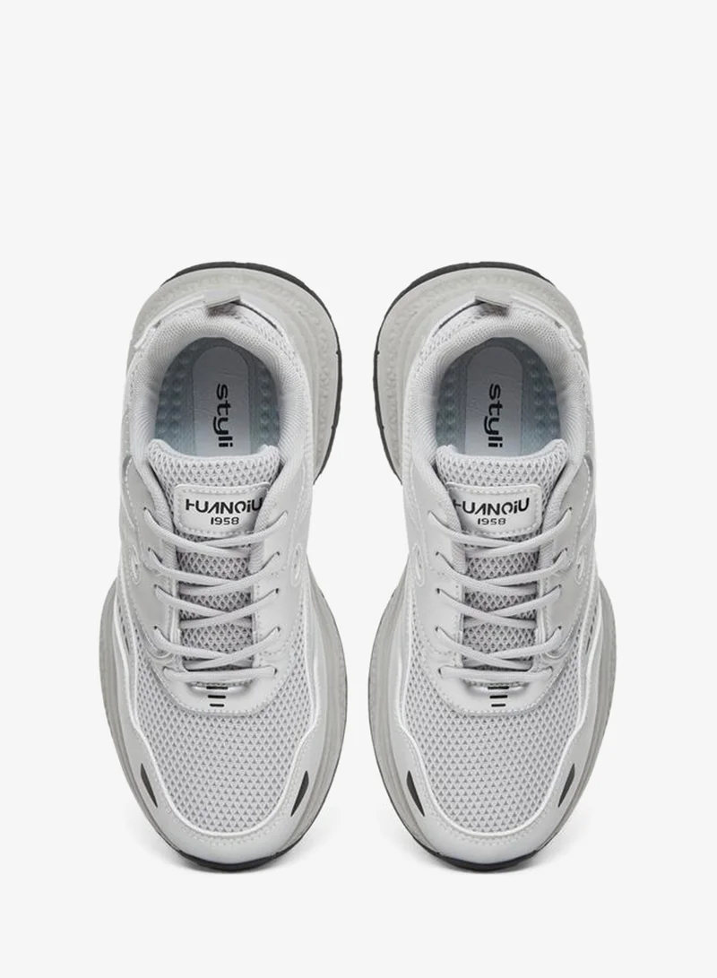 Styli Active Grey Metallic Detail Lace Up Sneakers for Women | Best Price UAE