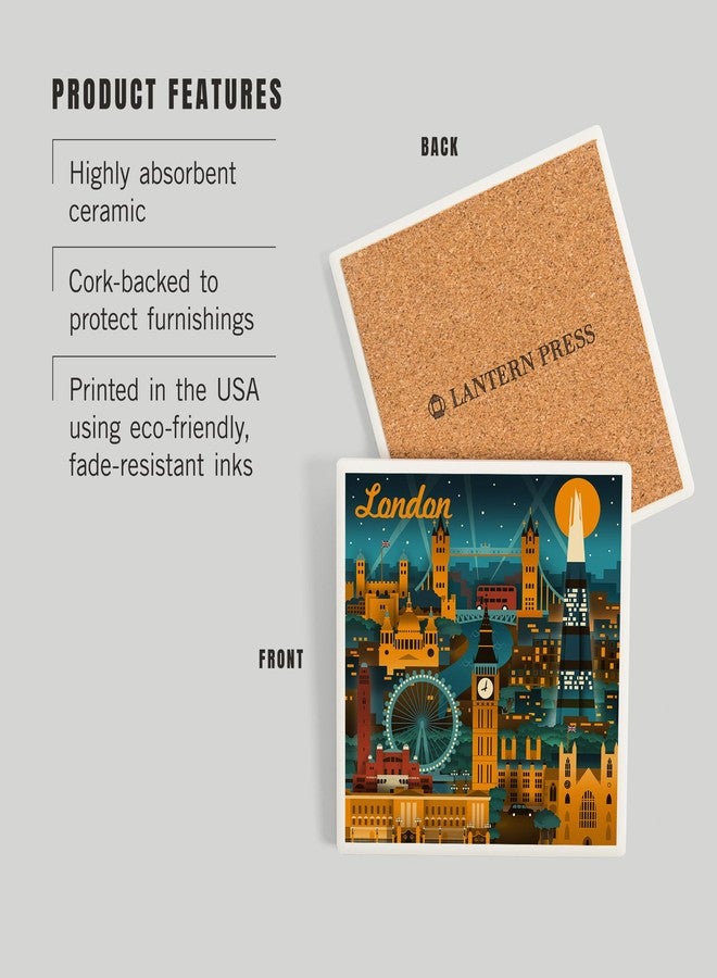 Lantern Press London, England, Retro Skyline (Absorbent Ceramic Coaster, Single, Cork Back, Kitchen Table Decor) - Image 3