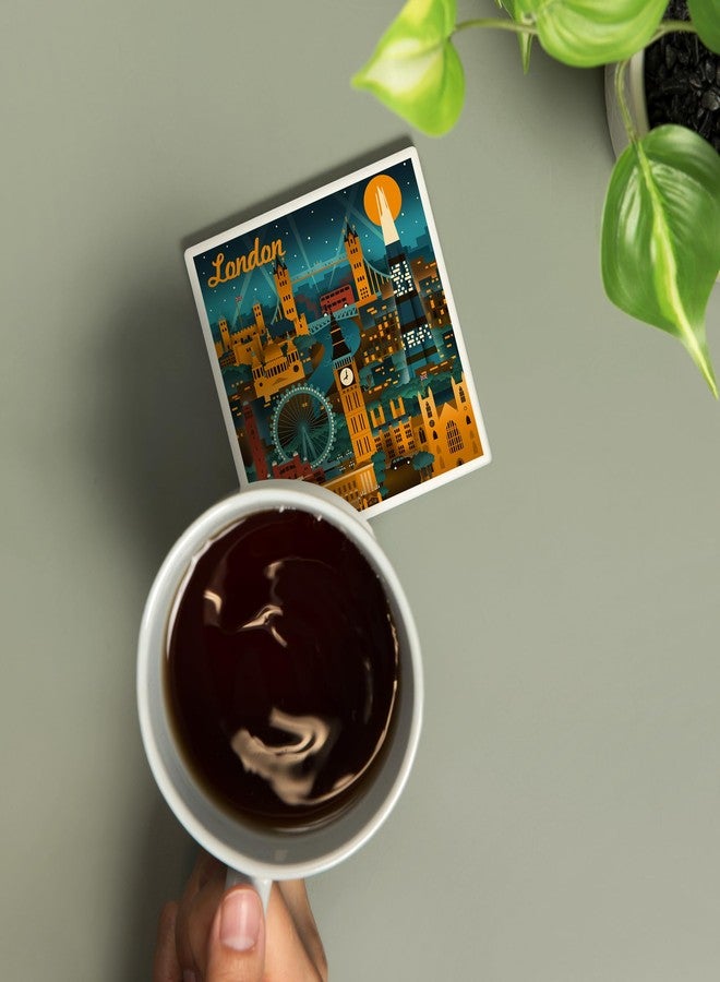Lantern Press London, England, Retro Skyline (Absorbent Ceramic Coaster, Single, Cork Back, Kitchen Table Decor) - Image 2