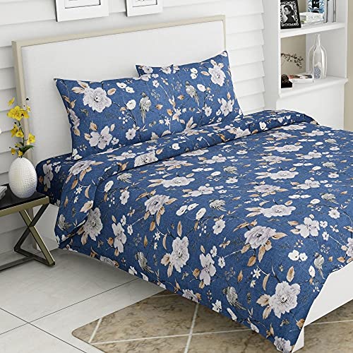 haus & kinder Pure Cotton King Size Bedsheet with 2 Pillow Covers for Double Bed 186 TC 108X108 Inches Flat Bed Sheet | Spanish Floral Patio, Blue - Image 1