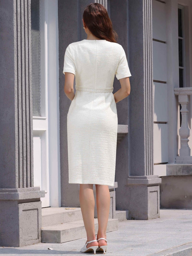 Hobemty Women's Tweed Sheath Dress with Belted Short Sleeve Work 2026 Pencil Dress Large Beige White - Image 5