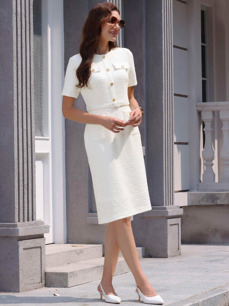 Hobemty Women's Tweed Sheath Dress with Belted Short Sleeve Work 2026 Pencil Dress Large Beige White - Image 2