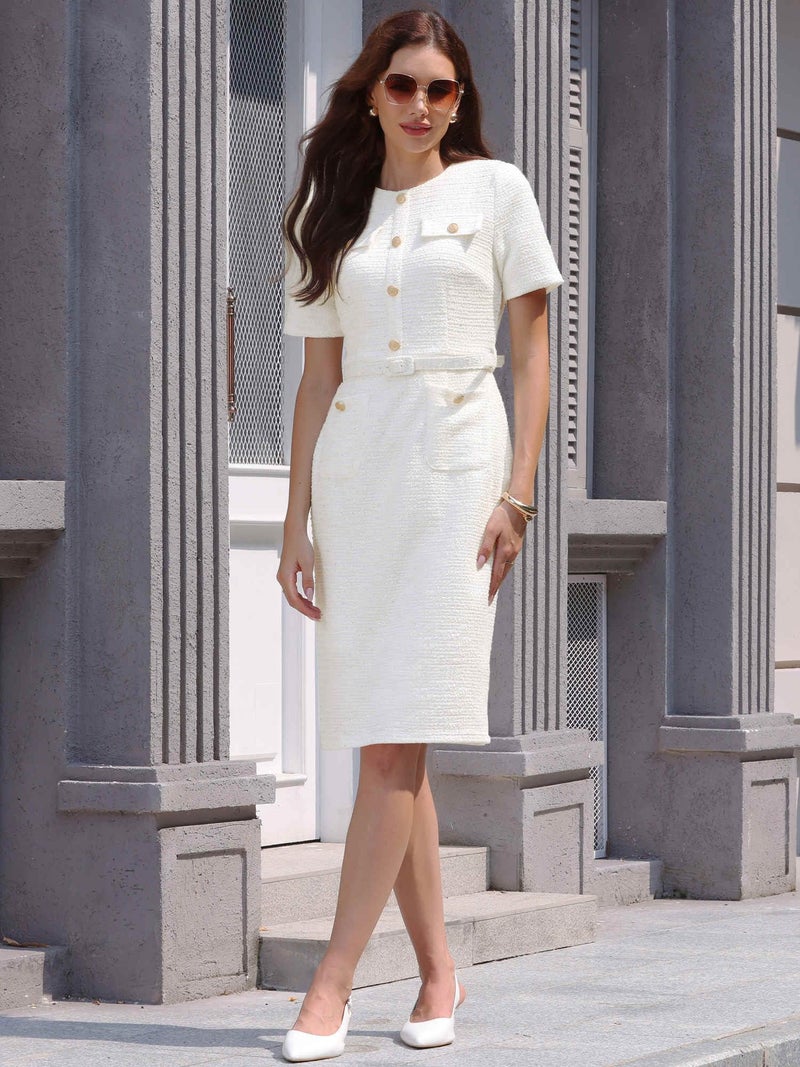Hobemty Women's Tweed Sheath Dress with Belted Short Sleeve Work 2026 Pencil Dress Large Beige White - Image 3