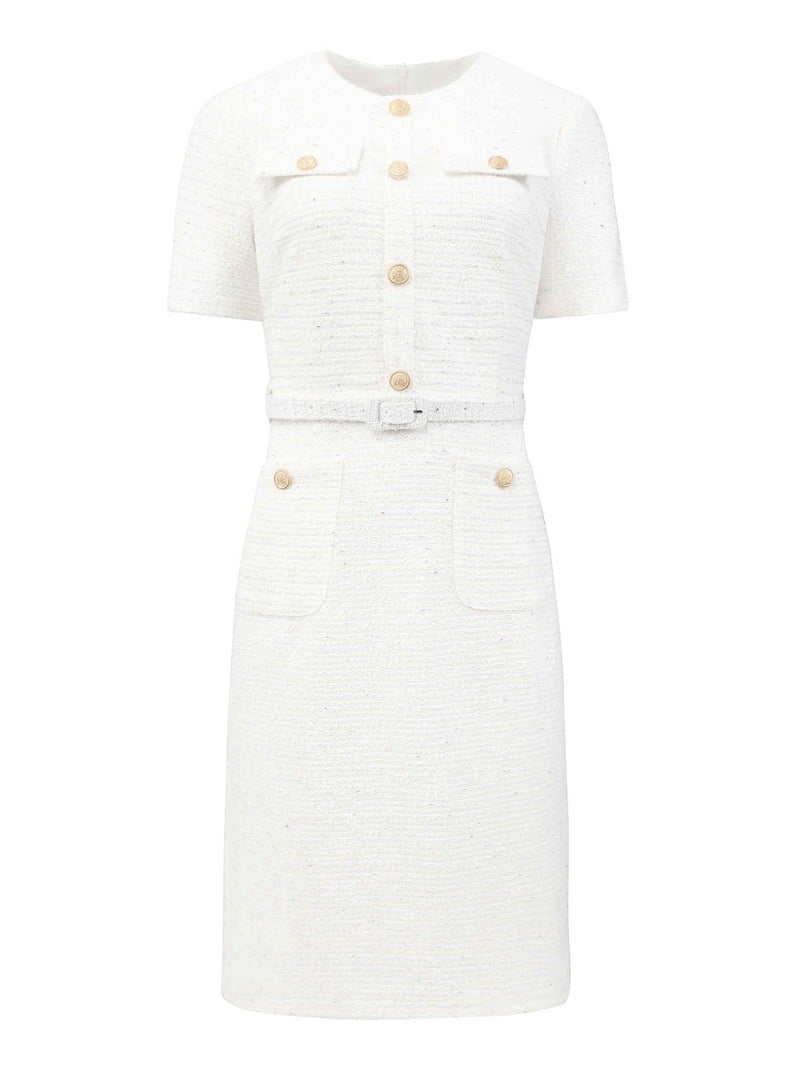 Hobemty Women's Tweed Sheath Dress with Belted Short Sleeve Work 2026 Pencil Dress Large Beige White - Image 1