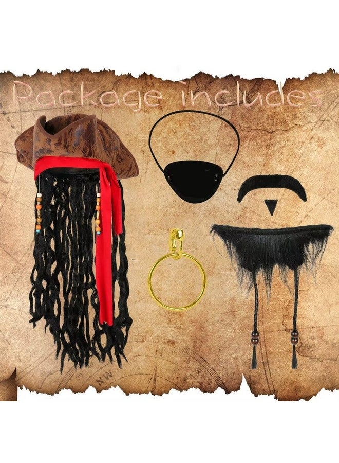 Cosrea Pirate Hat for Men Pirate Costume with Eye Patch Earring Mustache Accessories - Image 3