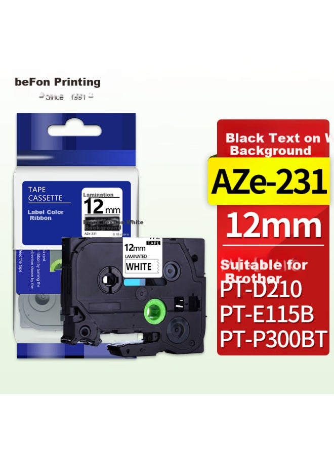 Befon Label Printer Tape Non-adhesive Label Paper Tape 12mm Aze-231 White Background Black Text Tzc Tze Compatible With Brother Pt-e115b Pt-d210 Pt-p300bt - Image 1