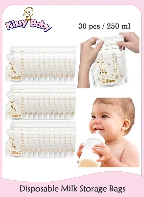 30 Pieces Disposable Milk Storage Bags With Pour Spout For Feeding No-Leak Milk Freezer Storage Pouches，250ml