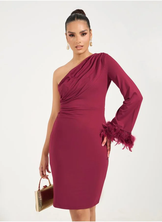 Styli One Shoulder Sleeve Knee Length Dress with Faux Feather Detail