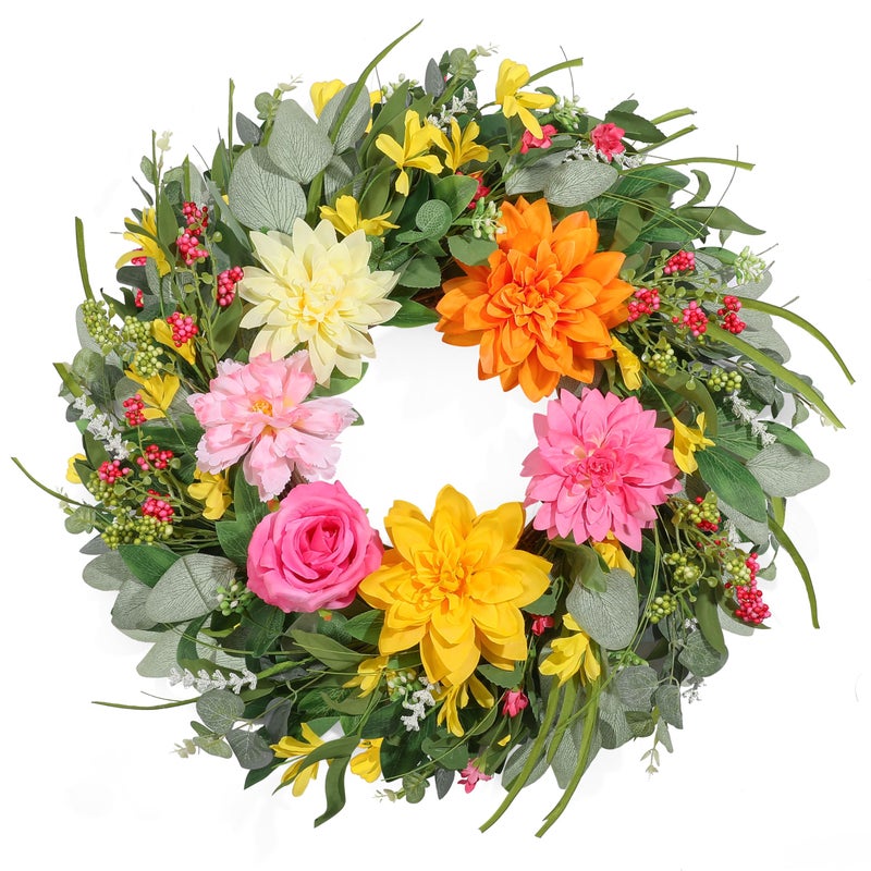 Vsonker Spring Wreaths for Front Door 24 Inch, Artificial Summer Wreath with Dahlia and Peony for All Season Home Decor Easter Indoor Outdoor Wall Home Festival Celebrations - Image 1
