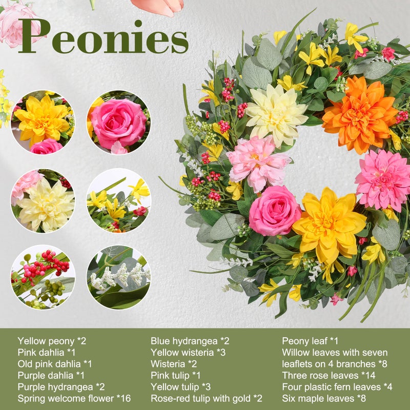 Vsonker Spring Wreaths for Front Door 24 Inch, Artificial Summer Wreath with Dahlia and Peony for All Season Home Decor Easter Indoor Outdoor Wall Home Festival Celebrations - Image 3