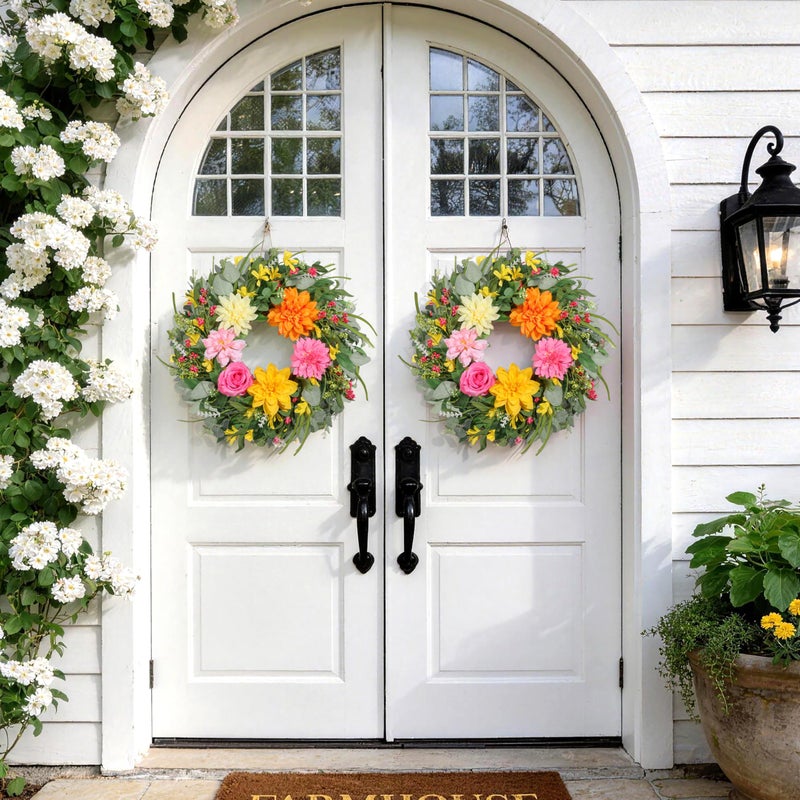 Vsonker Spring Wreaths for Front Door 24 Inch, Artificial Summer Wreath with Dahlia and Peony for All Season Home Decor Easter Indoor Outdoor Wall Home Festival Celebrations - Image 5