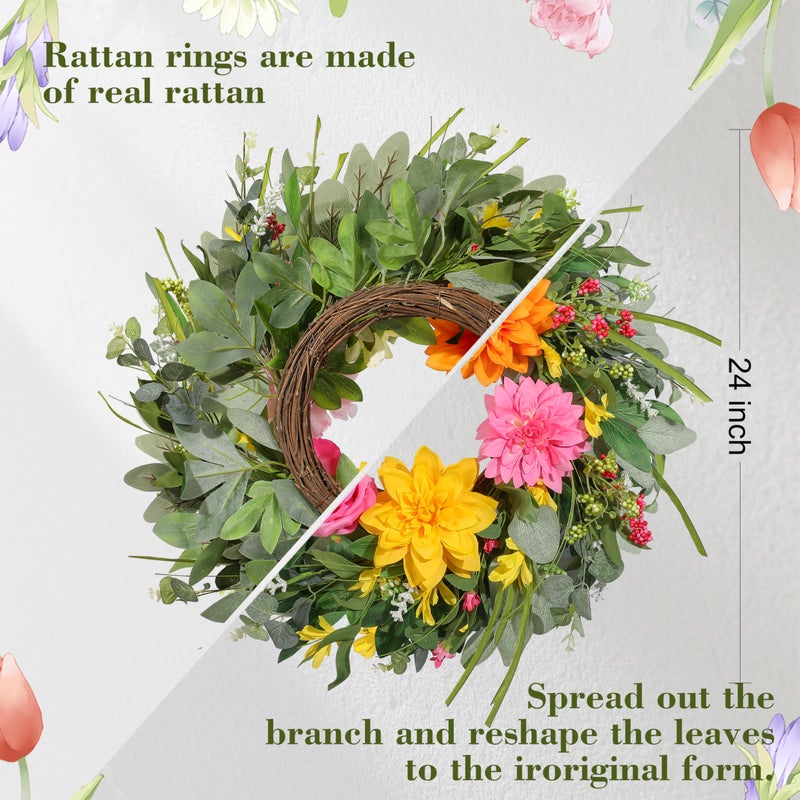 Vsonker Spring Wreaths for Front Door 24 Inch, Artificial Summer Wreath with Dahlia and Peony for All Season Home Decor Easter Indoor Outdoor Wall Home Festival Celebrations - Image 4