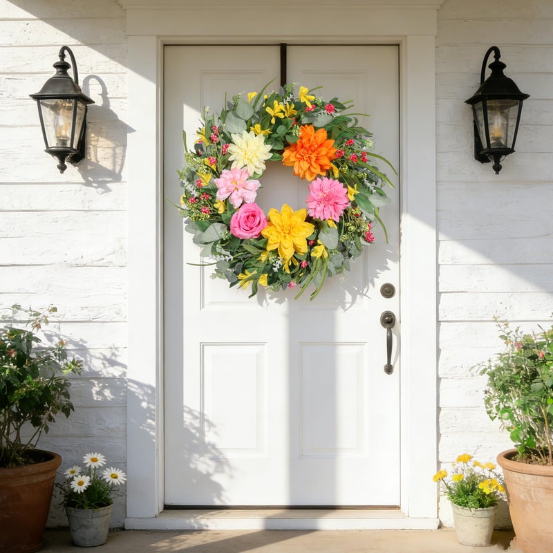 Vsonker Spring Wreaths for Front Door 24 Inch, Artificial Summer Wreath with Dahlia and Peony for All Season Home Decor Easter Indoor Outdoor Wall Home Festival Celebrations - Image 2