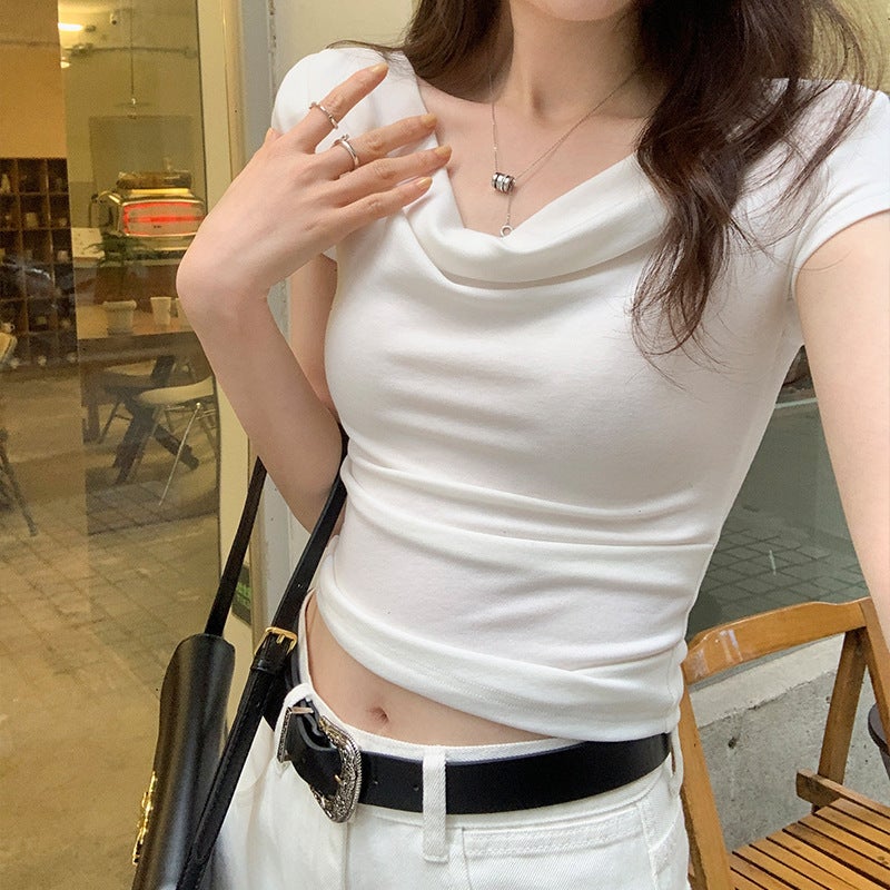 Women's Off-Shoulder Short Sleeve T-Shirt, Slim Fit, Cropped - Image 3