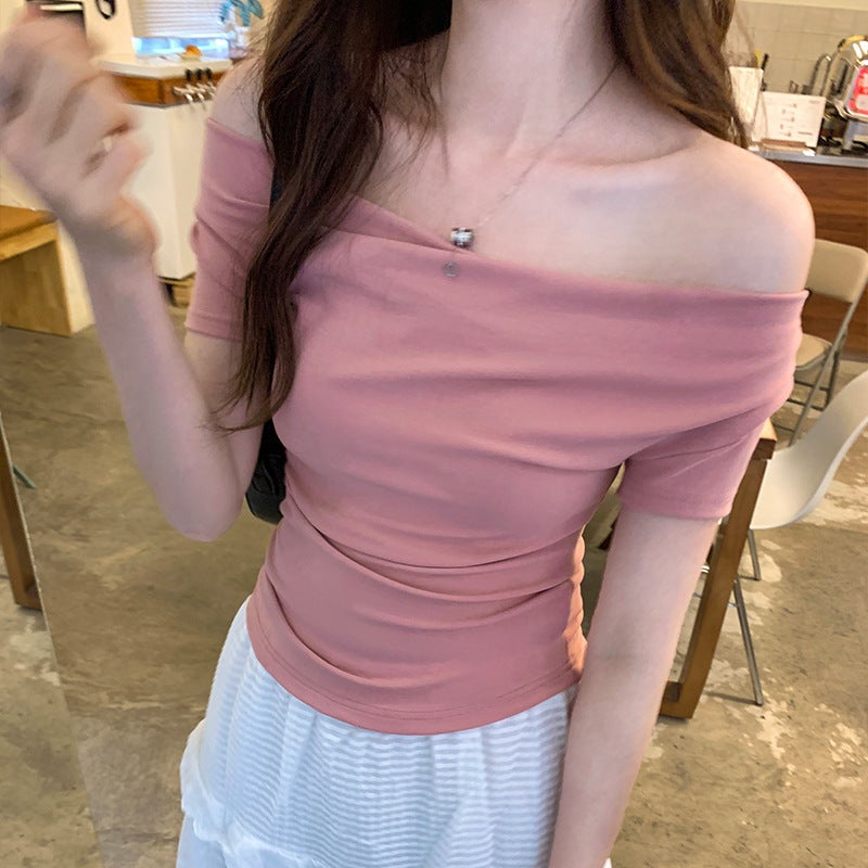 Women's Off-Shoulder Short Sleeve T-Shirt, Slim Fit, Cropped - Image 2