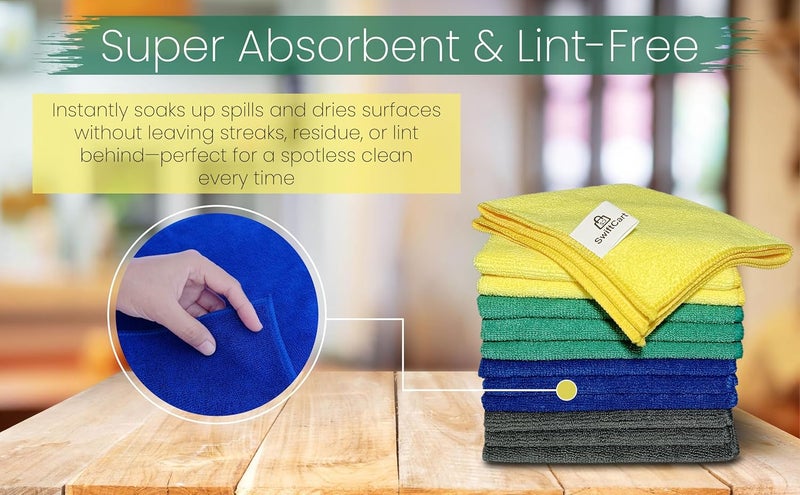 SwiftCart Lint Free High Absorbent Microfiber Cleaning Cloths - 12 Pack, 32cm x 32cm - Image 4