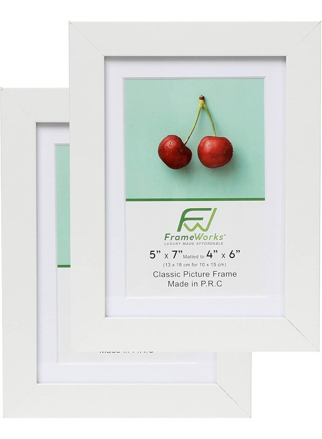 FrameWorks 5x7 mat to 4x6 Classic Wooden Picture Frames Tempered Glass/White / 2-Pack - Image 1