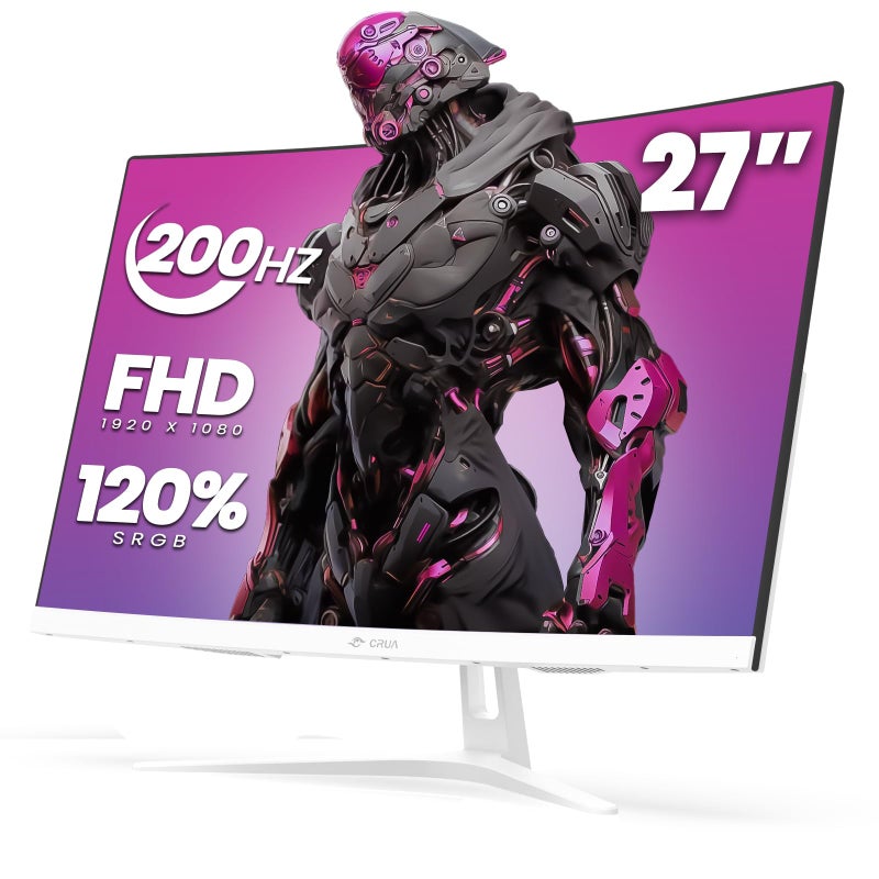 CRUA 27" Curved Gaming Monitor, FHD 1920x1080P, 165Hz/200Hz Computer Monitor, 1800R VA Screen, 120% sRGB, Support AMD FreeSync, Blue Light Filter, HDMI & DP, Wall Mount Install- White - Image 1