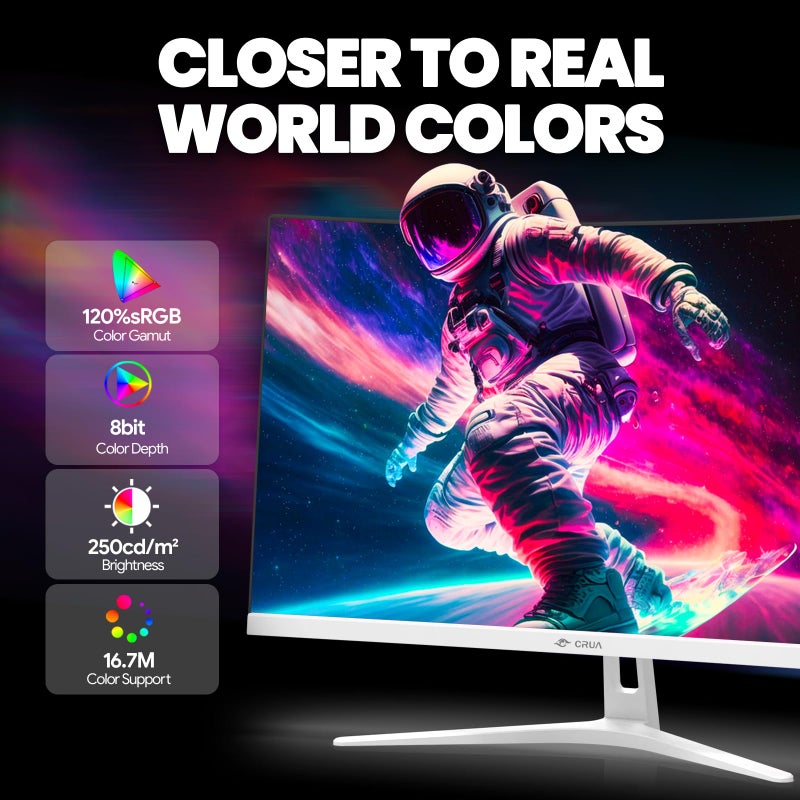 CRUA 27" Curved Gaming Monitor, FHD 1920x1080P, 165Hz/200Hz Computer Monitor, 1800R VA Screen, 120% sRGB, Support AMD FreeSync, Blue Light Filter, HDMI & DP, Wall Mount Install- White - Image 4