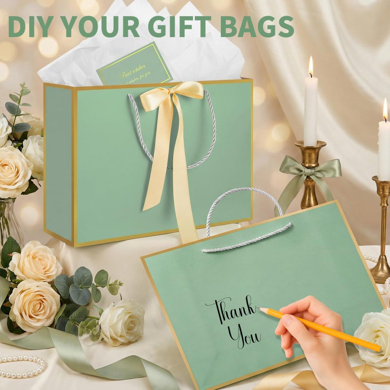 woric 13.7" Large Gift Bag with Handles, 2 Pack Sage Green Gift Bags with Tissue Paper Greeting Card Ribbon for Baby Shower Wedding Bridal Shower Engagement - Image 5