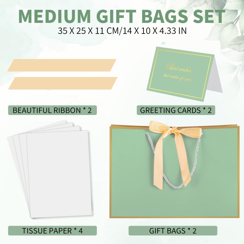 woric 13.7" Large Gift Bag with Handles, 2 Pack Sage Green Gift Bags with Tissue Paper Greeting Card Ribbon for Baby Shower Wedding Bridal Shower Engagement - Image 2