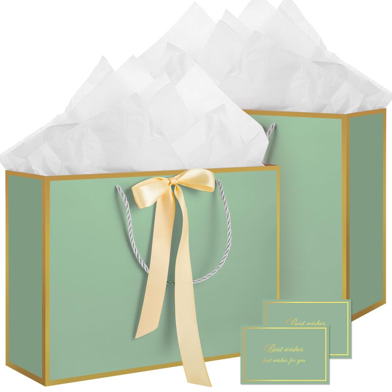woric 13.7" Large Gift Bag with Handles, 2 Pack Sage Green Gift Bags with Tissue Paper Greeting Card Ribbon for Baby Shower Wedding Bridal Shower Engagement - Image 1