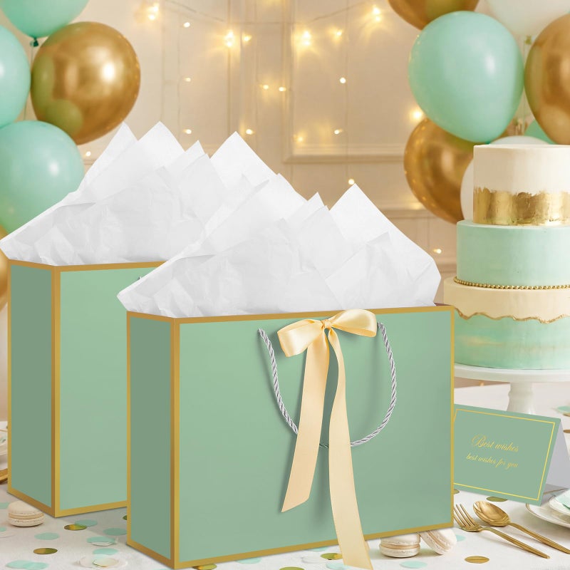 woric 13.7" Large Gift Bag with Handles, 2 Pack Sage Green Gift Bags with Tissue Paper Greeting Card Ribbon for Baby Shower Wedding Bridal Shower Engagement - Image 4