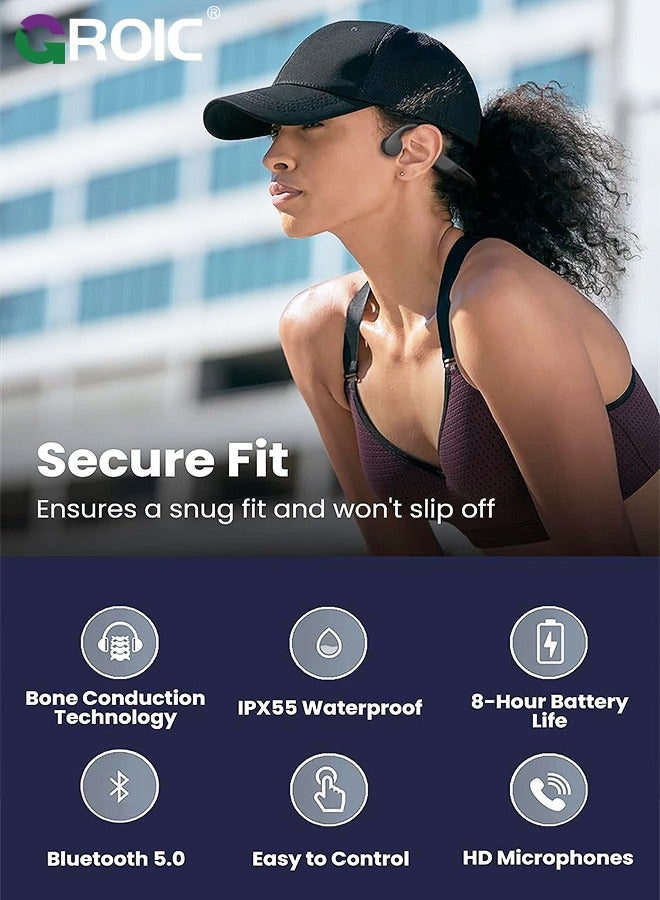 GROIC Black Bone Conduction Headphones, Upgrade Open-Ear Wireless Bluetooth Workout Headphones with Microphones, 8Hr Playtime, Waterproof Earphones for Sports, Running, Gym, Hiking and Cycling  - Image 3