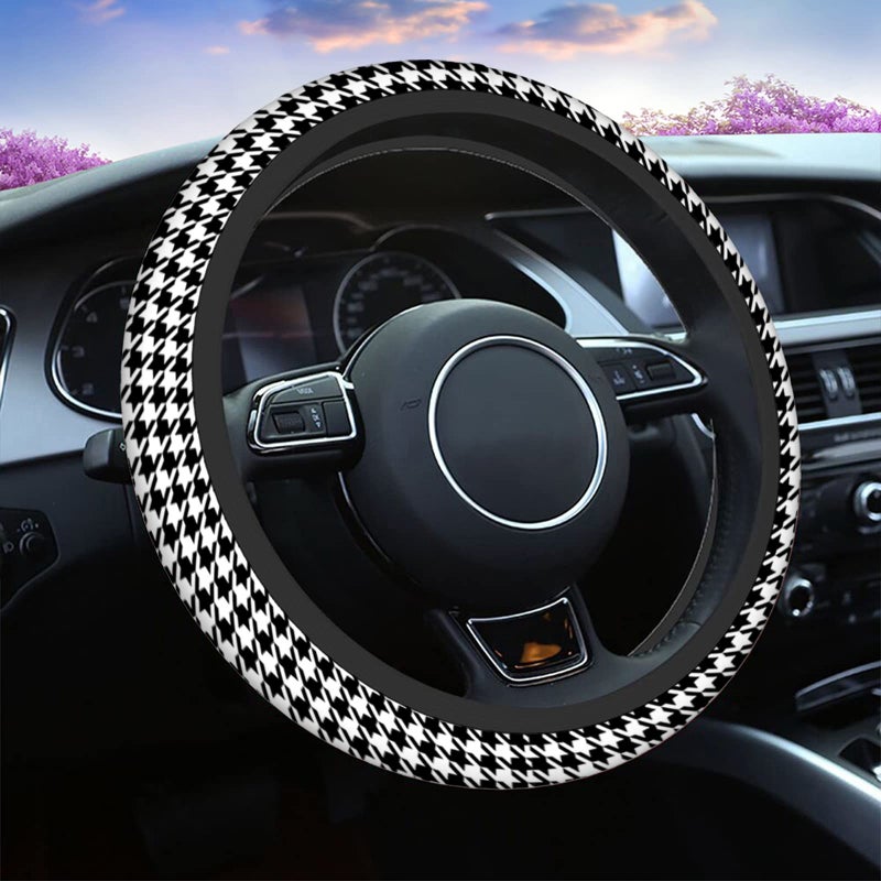 Swono Black White Houndstooth Universal 15" Steering Wheel Covers Abstract Geometric Checked Tooth Cute Car Steering Wheel Cover for Men Women Girls Car Accessories