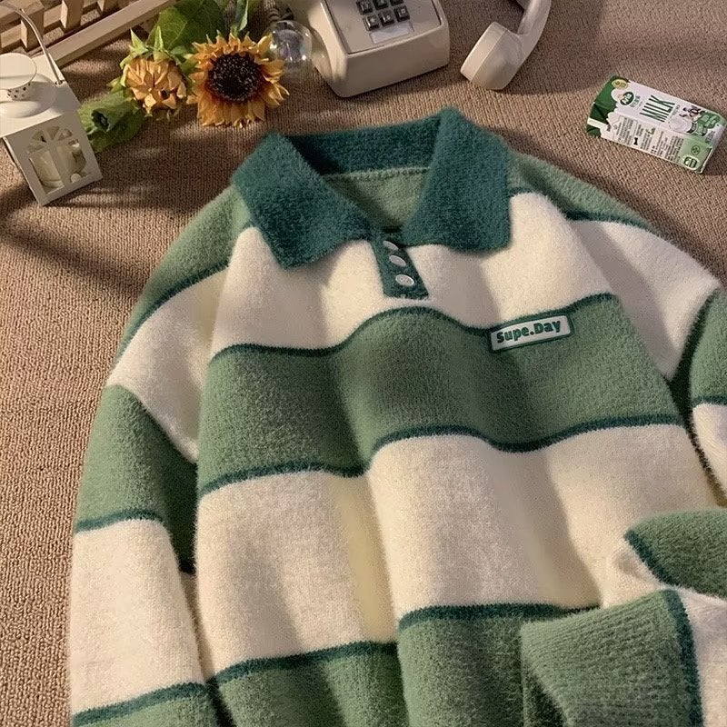 Autumn/Winter POLOSweater Mens Hong Kong Style Vintage Trendy Lapel Top New Stripe Color Block Loose Fit Knit Base Layer Top Green  - Image 1