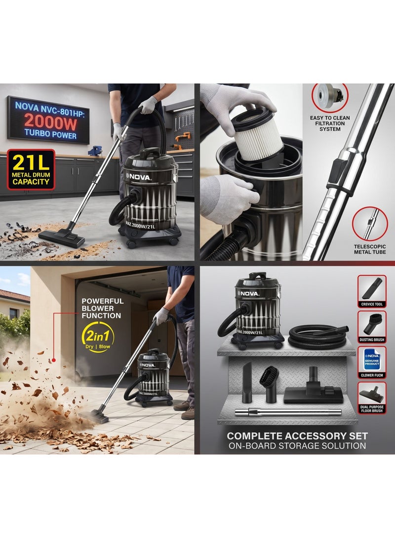 NOVA 2000W Turbo Vacuum Cleaner 21L Drum Type with Blower Function Robust and efficient vacuum cleaner featuring turbo motor, large storage capacity, and blower feature. Suitable for residential and commercial use with easy mobility and convenient dust disposal system. - Image 3