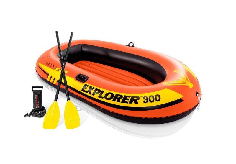 INTEX 58332EP Explorer 300 Inflatable Boat Set: Includes Deluxe Boat Oars and Mini Hand Pump â€“ Dual Air Chambers â€“ Grab Rope â€“ 3-Person â€“ 410lb Weight Capacity - Image 1