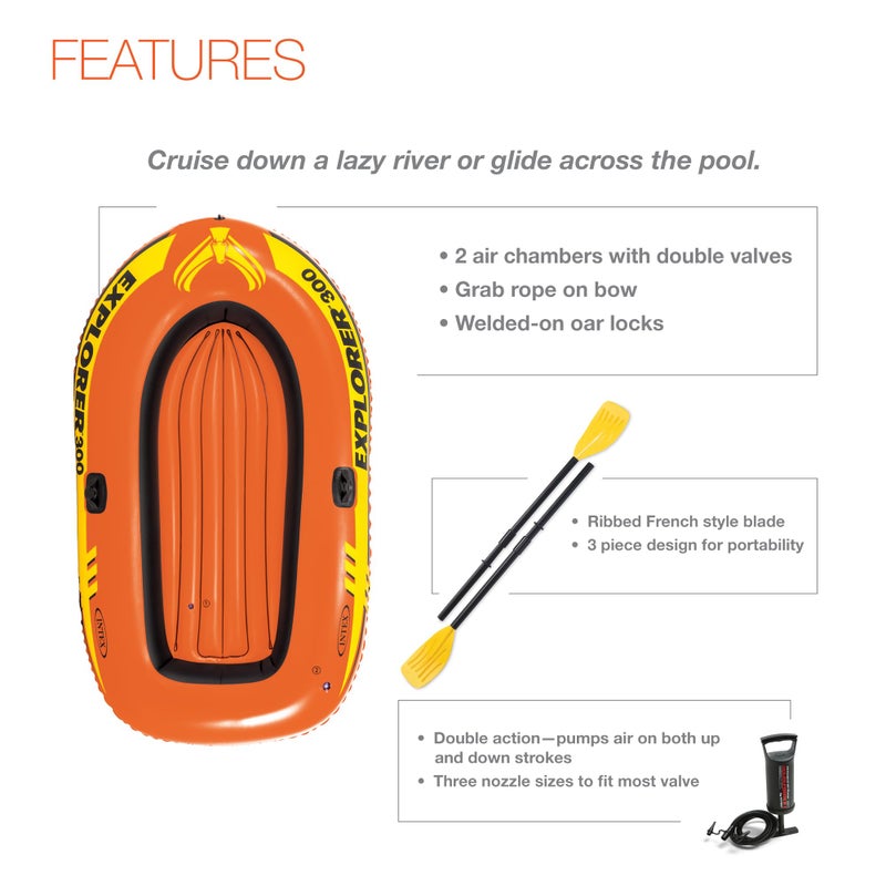 INTEX 58332EP Explorer 300 Inflatable Boat Set: Includes Deluxe Boat Oars and Mini Hand Pump â€“ Dual Air Chambers â€“ Grab Rope â€“ 3-Person â€“ 410lb Weight Capacity - Image 3