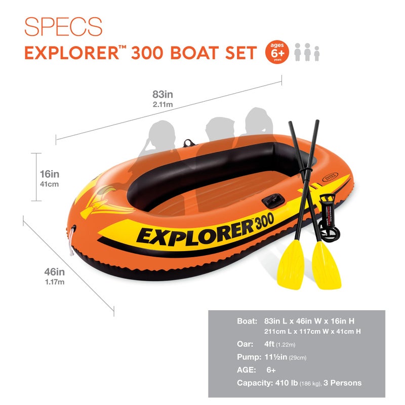 INTEX 58332EP Explorer 300 Inflatable Boat Set: Includes Deluxe Boat Oars and Mini Hand Pump â€“ Dual Air Chambers â€“ Grab Rope â€“ 3-Person â€“ 410lb Weight Capacity - Image 2