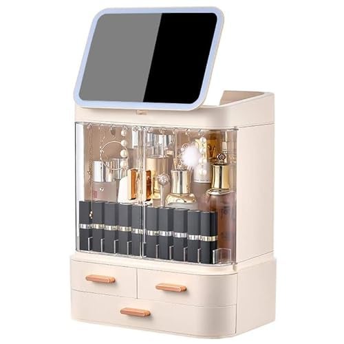 SIBY Acrylic Makeup Organizer with Mirror | Large Capacity Dust and Waterproof Cosmetic Organizer with Drawers for Cosmetic Display | Cosmetic Storage for Bathroom, Dresser, Vanity(Cream) - Image 1