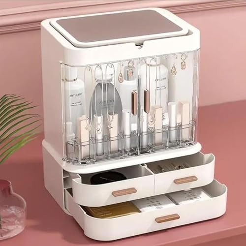 SIBY Acrylic Makeup Organizer with Mirror | Large Capacity Dust and Waterproof Cosmetic Organizer with Drawers for Cosmetic Display | Cosmetic Storage for Bathroom, Dresser, Vanity(Cream) - Image 3