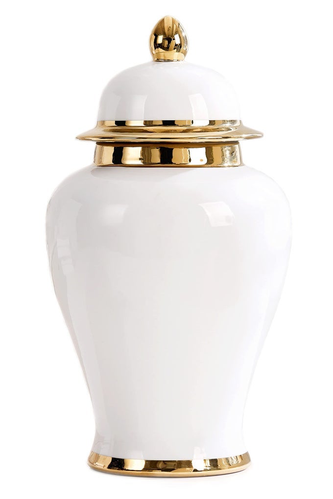 WHITE GINGER JAR WITH GOLD TRIM CERAMIC DECORATIVE VASE FOR HOME OFFICE TABLE LIVING ROOM BOOKSHELF MANTLE FIREPLACE CENTERPIECES 15
